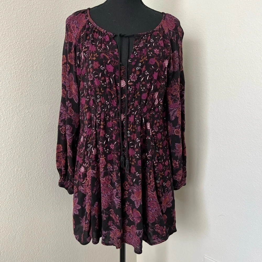 Free People Dark Floral Cottage Mini Long Sleeve Dress